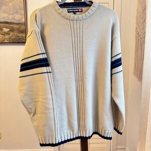 Point Zero Men's Cream and Navy Crewneck Sweater Size Large